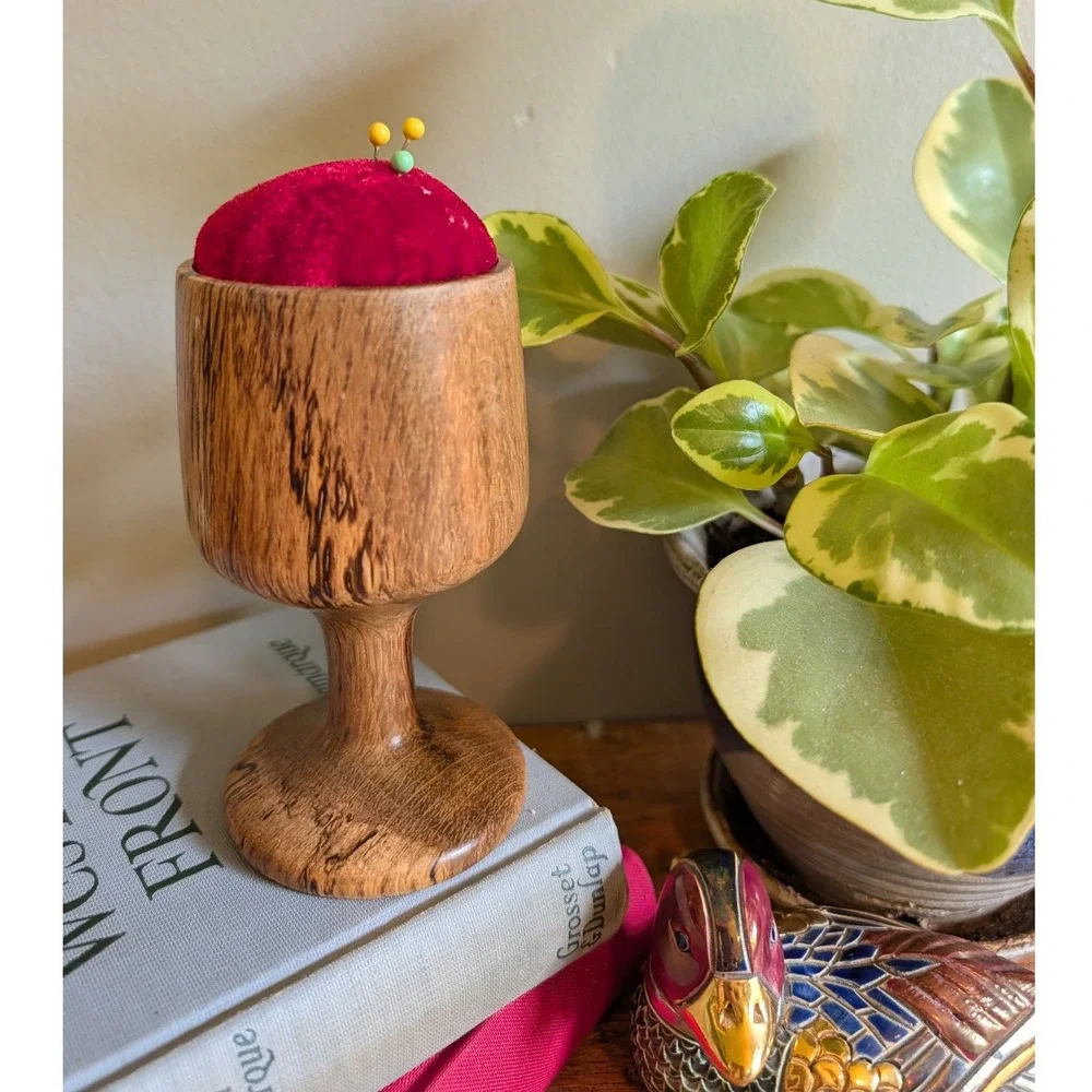 Vintage Handcrafted Wooden Pin Cushion Red Velvet Chalice Pedestal Sewing Notion